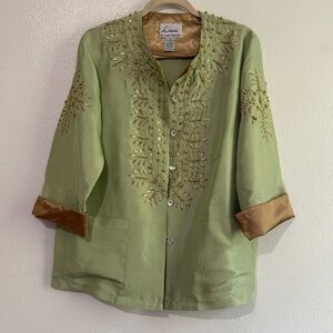 Linea by Louis Dell'Olio Green Mandarin Collar Blouse with Embellished Details